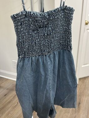 Smocked Denim Romper Jumpsuit - Blue